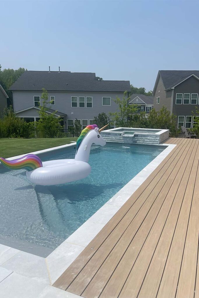 Fiberglass pool, in Cary North Carolina with unicorn floatie
